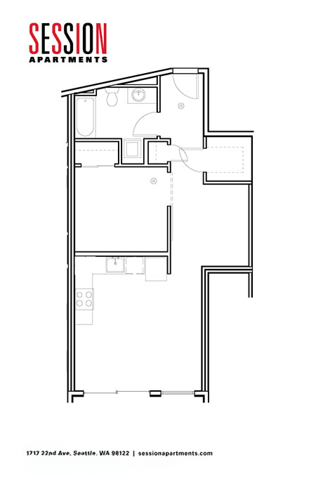 A black and white image of a floor plan for Session Apartments.